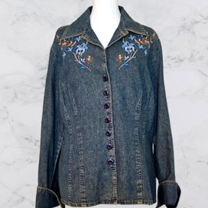 📣 Newport News Jeanology Blue Jean Blazer or Blouse 3/4 Sleeve Layers Size 14